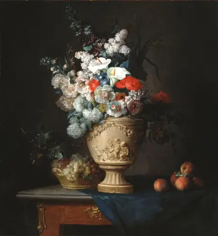 Bouquet of Flowers in a Terracotta Vase with Peaches and Grapes by Anne Vallayer-Coster