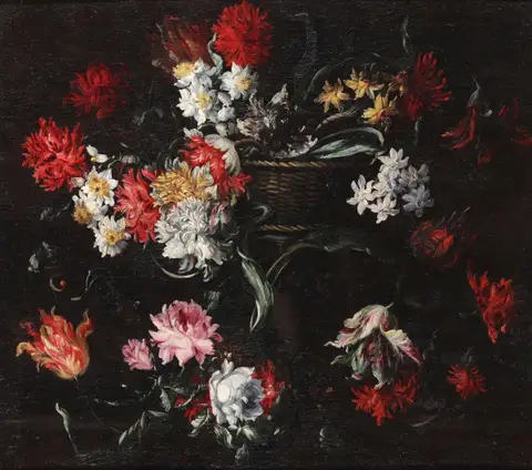 Basket of flowers on pedestal by Margherita Caffi