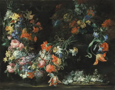Swathes of flowers in urns on a ledge by Margherita Caffi
