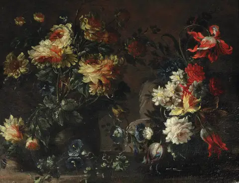 Tulips, roses and other flowers in two vases on a ledge by Margherita Caffi