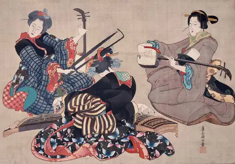 Three Women Playing Musical Instruments by Katsushika Ōi