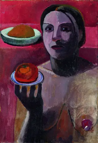Italian woman with a plate in her raised hand by Paula Modersohn-Becker