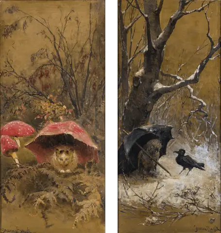 A Cat amongst Fly Agaric and An Owl with an Umbrella by Jeanna Bauck