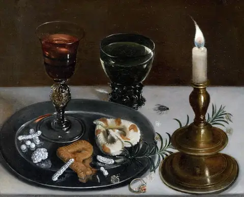 Still life with Venetian glass, Römer wine glass and a candle by Clara Peeters