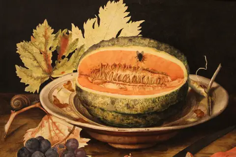Melon on a Plate with Grapes and a Snail by Giovanna Garzoni