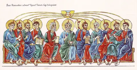 Hortus Deliciarum — The Holy Spirit descends on the Apostles by Herrad of Landsberg