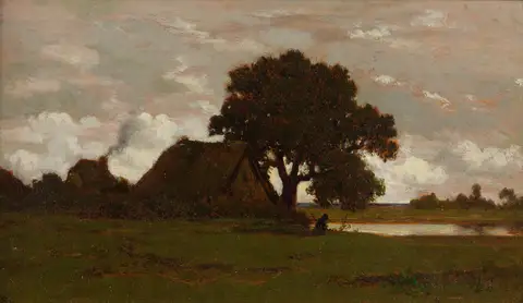 Chaumières, Near the Pond by Théodore Rousseau