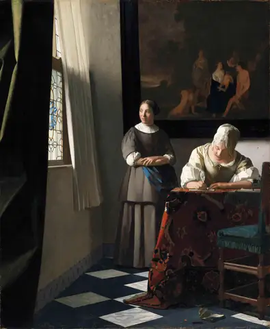 A Woman Writing a Letter with her Maidservant by Johannes Vermeer