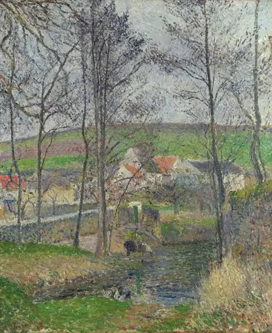 The banks of the Viosne at Osny in grey weather, Winter by Camille Pissarro
