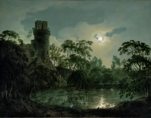 Lake by Moonlight with Castle on Hill by Joseph Wright of Derby