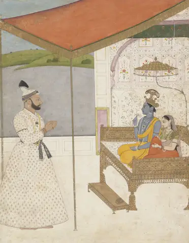Raja Balwant Singh Revering Krishna and Radha by The Family of Nainsukh