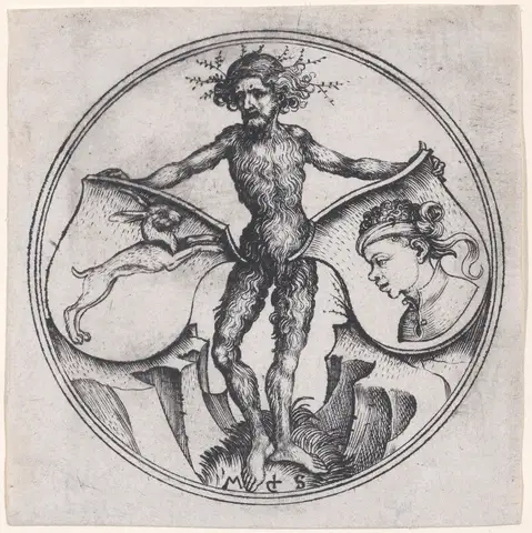 Wild Man Holding a Shield with a Hare and a Shield with a Moor's
          Head by Martin Schongauer