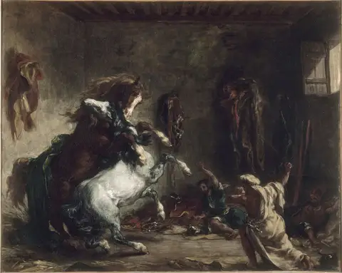 Arab Horses Fighting in a Stable by Eugène Delacroix