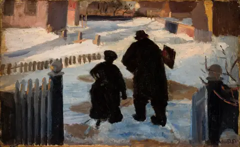 Michael Ancher on his way to his studio accompanied by the organist
          Helene Christensen by Anna Ancher