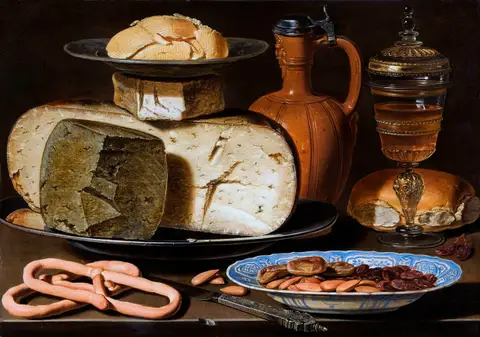 Still Life with Cheeses, Almonds and Pretzels by Clara Peeters
