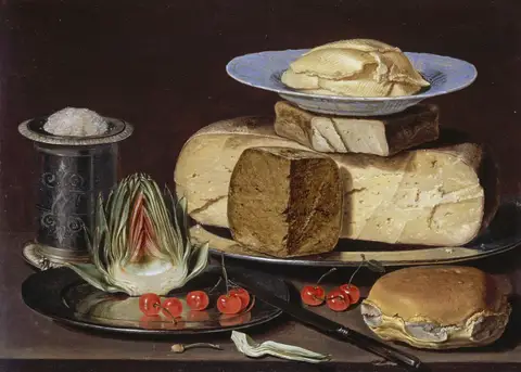 Still Life with Cheeses, Artichoke, and Cherries by Clara Peeters