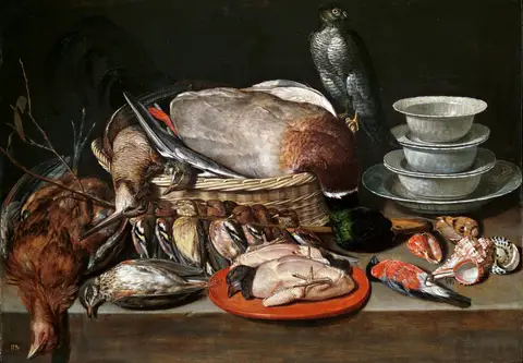 Still Life with Sparrow Hawk, Fowl, Porcelain and Shells by Clara Peeters