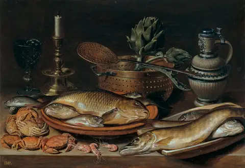 Still Life with Fish, Candle, Artichokes, Crabs and Shrimp by Clara Peeters