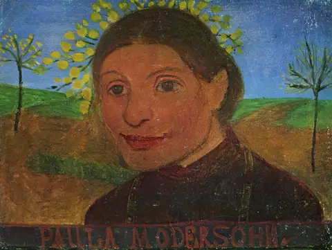 Self portrait in front of flowering trees by Paula Modersohn-Becker